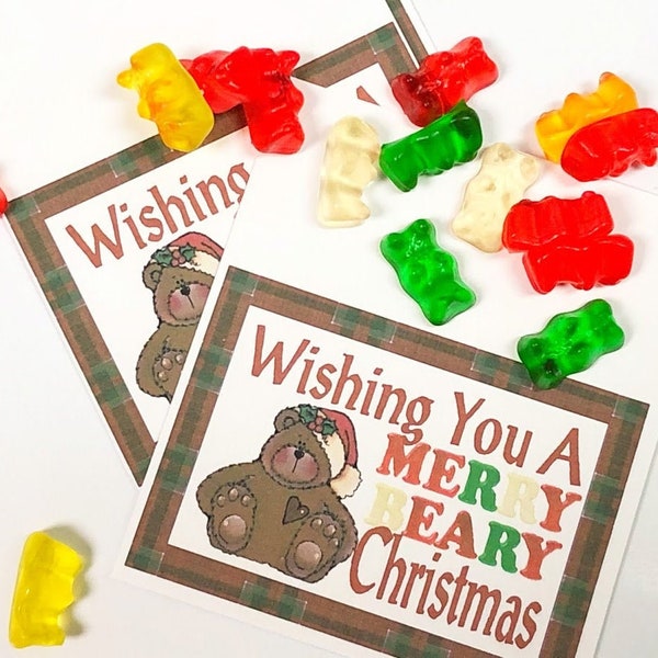 Merry Beary Christmas Bag Topper Printable, Gummy Bear Holiday Treat, School Class Gift, Instant Download Gift Idea, Fun Gift for Friends