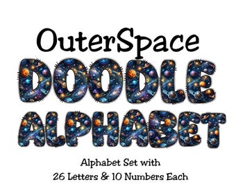 Könnte beinhalten: Ein Doodle-Alphabet-Set mit Weltraum-Thema, bestehend aus 26 Buchstaben und 10 Zahlen. Die Buchstaben sind mit einem Galaxien-Design gefüllt, das Planeten und Sterne zeigt. Das Wort "OuterSpace" steht darüber.