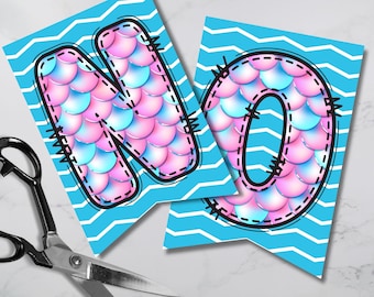 Little Mermaid banner with mermaid alphabet DIY PRINTABLE personalizable pennant banner, welcome birthday school door sign hanger