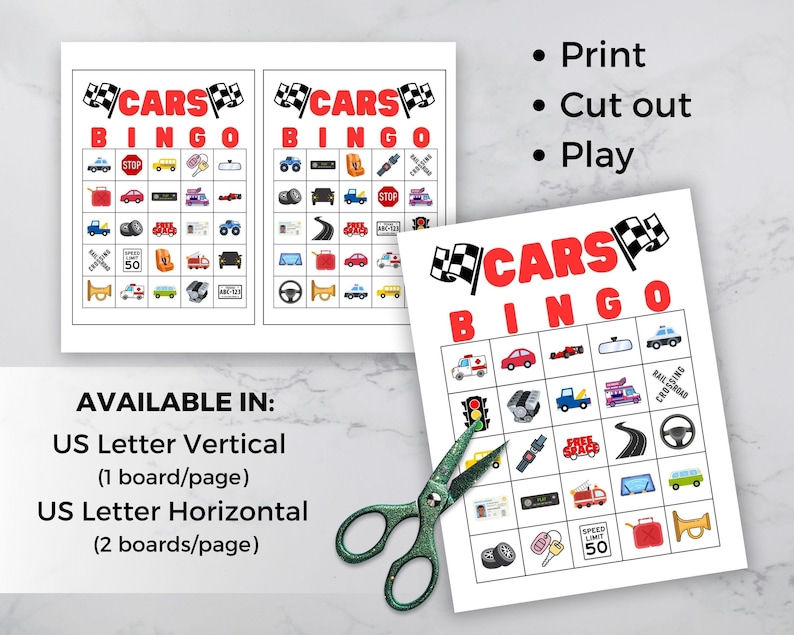 Cars Bingo Game, Party Game Printable Car Bingo Tire Marker Truck Card ...