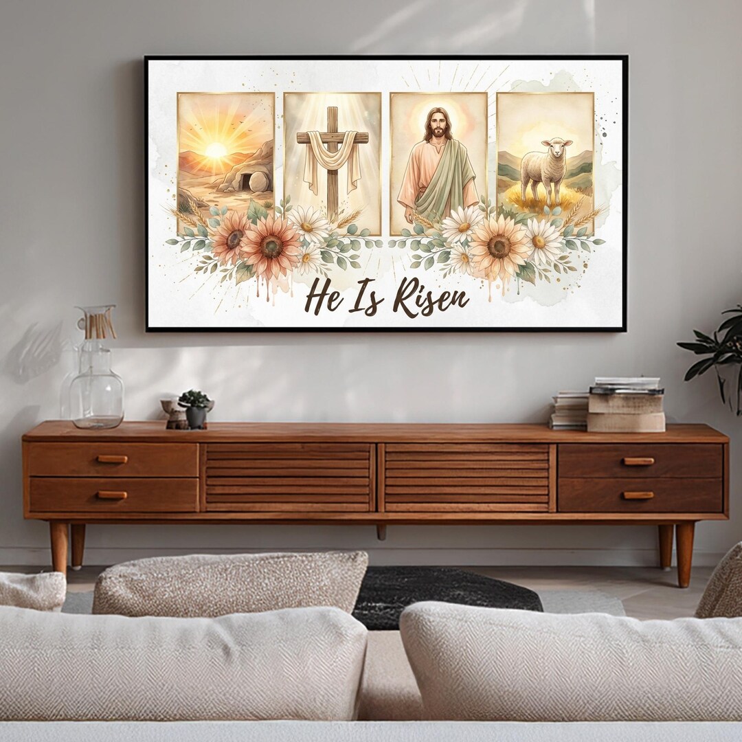He is Risen Easter Frame TV Art, Christian Resurrection Wall Art, Jesus ...