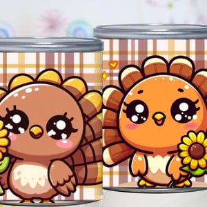 May include: Two decorative tin cans with cartoon turkey illustrations. One turkey is brown, the other is orange, both holding sunflowers. The cans have a plaid background and silver lids, perfect for Thanksgiving or fall decor.