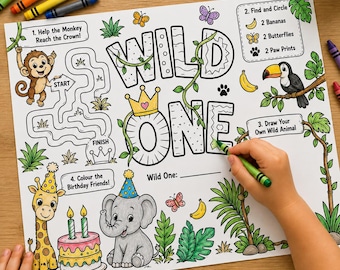 Wild One Birthday Placemat, 1st Birthday Activity Printable, Jungle Safari Kids Coloring Page, First Birthday Party Game