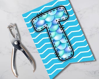 Little Mermaid banner with mermaid alphabet DIY PRINTABLE personalizable pennant banner, welcome birthday school door sign hanger