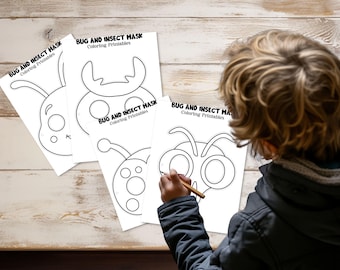 Insect Mask Printable, Child Mask Pretend Play, Halloween Craft Kid, Coloring Mask Craft, Ant, Bee, Butterfly bug mask, Photo booth props