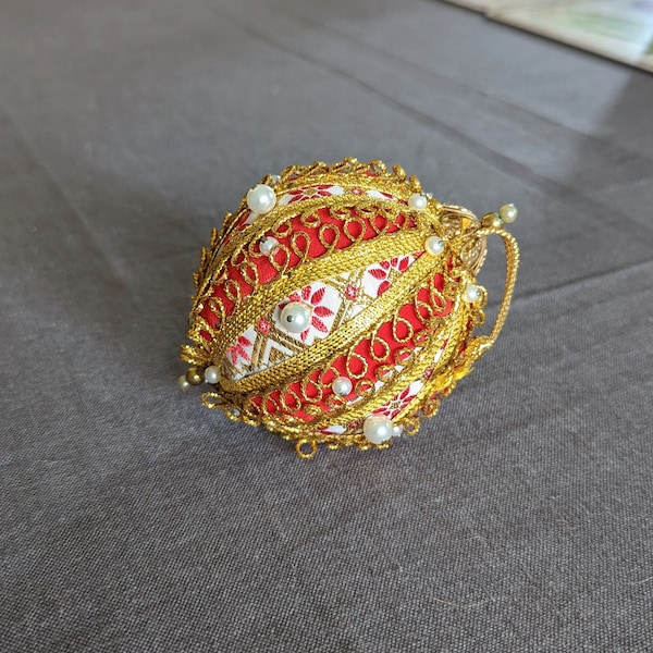 Red Push Pin Satin Ornament With Gold Braiding