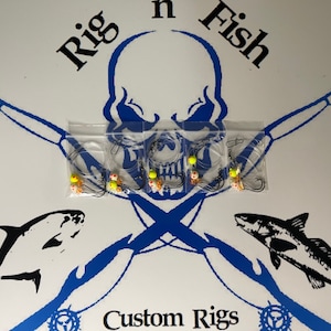 May include: A set of three fishing rigs with yellow and orange beads, packaged in clear plastic bags. The rigs are displayed against a white background with a skull and crossbones logo that reads "Rig 'n Fish Custom Rigs".
