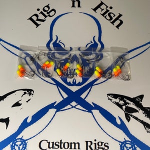 May include: A set of 10 fishing rigs with yellow and orange beads and black hooks. The rigs are packaged in clear plastic bags. The image also includes a skull and crossbones logo with the text "Rig 'n Fish" and "Custom Rigs".