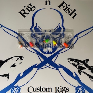 May include: Five fishing rigs with clear lines, orange, green, and white beads, and black hooks. The rigs are packaged in clear plastic bags. The image is set against a white background with a skull and crossbones logo that reads "Rig n Fish Custom Rigs".