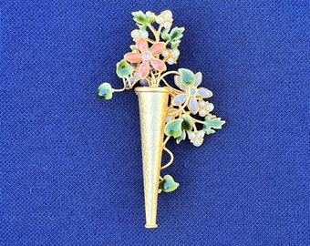 Floral Boutique Enamel Faux Pearl Vase Vintage Brooch