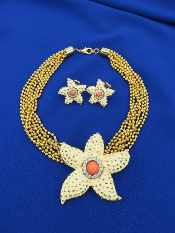 Signed Craft Starfish Rhinestone Enamel Necklace C