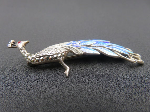 English Silver Enamel Marcasite Peacock Brooch - image 8