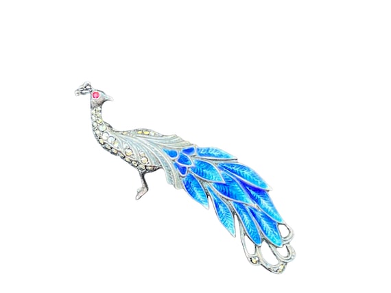 English Silver Enamel Marcasite Peacock Brooch - image 1