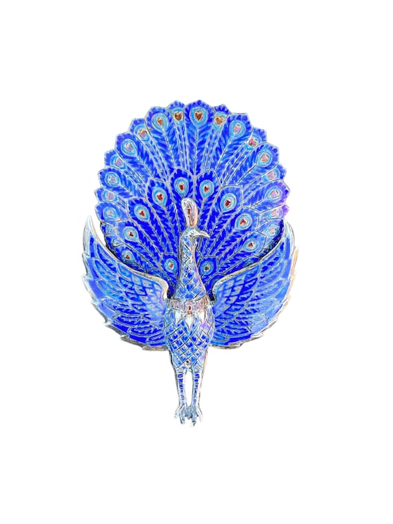 Siam Sterling Blue Enamel Peacock Articulated Broo
