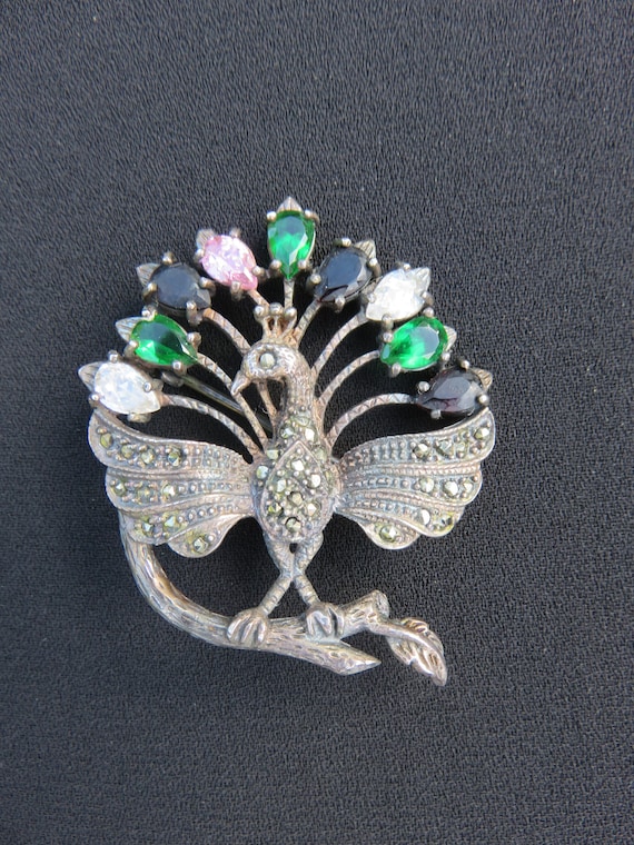 Sterling Marcasite Rhinestone Peacock Brooch