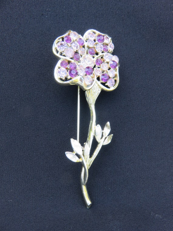 Coro Pegasus Lavender Purple Rhinestone Flower Br… - image 3