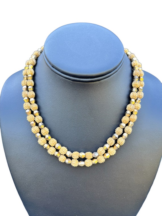 Trifari Double Strand Gold Tone Textured Faceted B