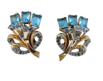 Mazer Blue Floral Rhinestone Vintage Clip Earrings