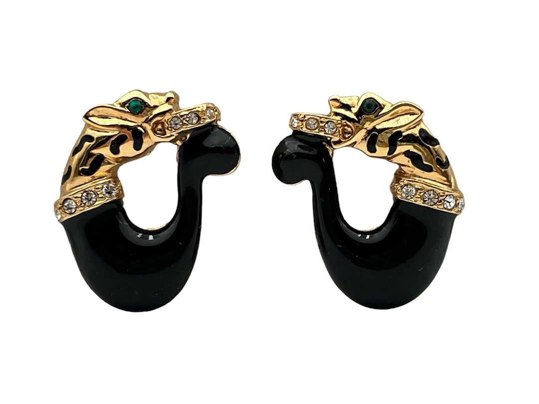 Jackie Collins Jaguar Clip Earrings Vintage Enamel Rhinestone