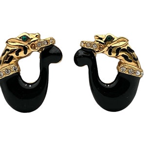 Jackie Collins Jaguar Clip Earrings Vintage Enamel Rhinestone