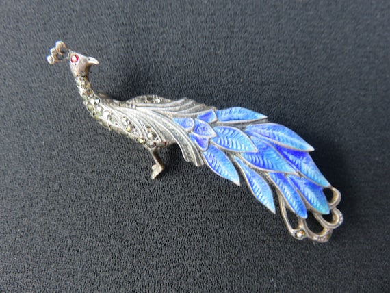 English Silver Enamel Marcasite Peacock Brooch - image 9