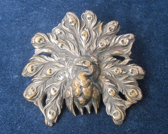 Peacock Brooch Antique Silver Plate