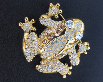 St John Rhinestone Frog Gold Tone Vintage Brooch