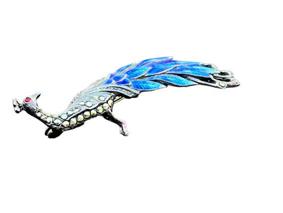 English Silver Enamel Marcasite Peacock Brooch - image 4