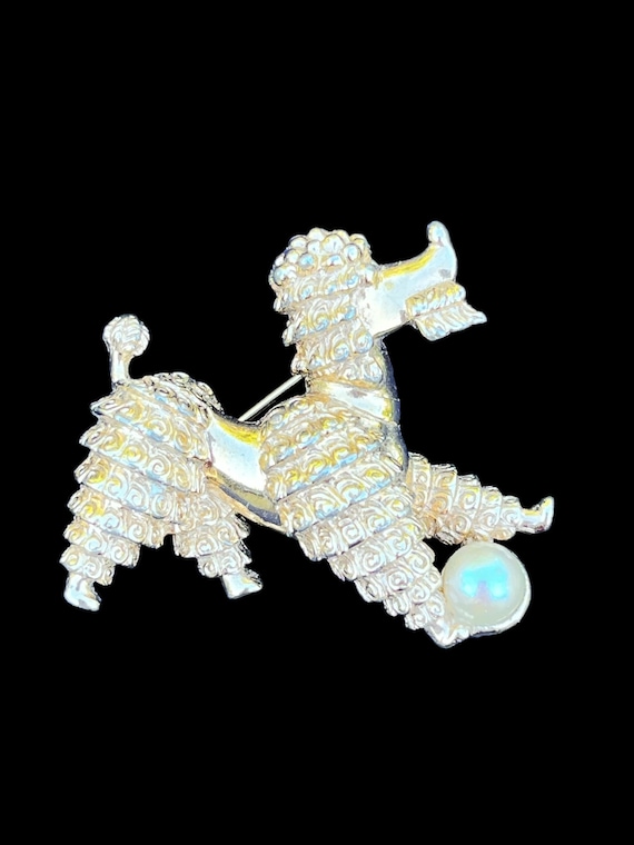 Boucher Poodle Faux Pearl Ball Vintage Brooch - image 1
