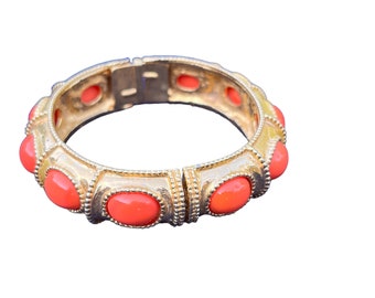 Kenneth Jay Lane KJL Faux Coral Cabochon Hinged Bracelet