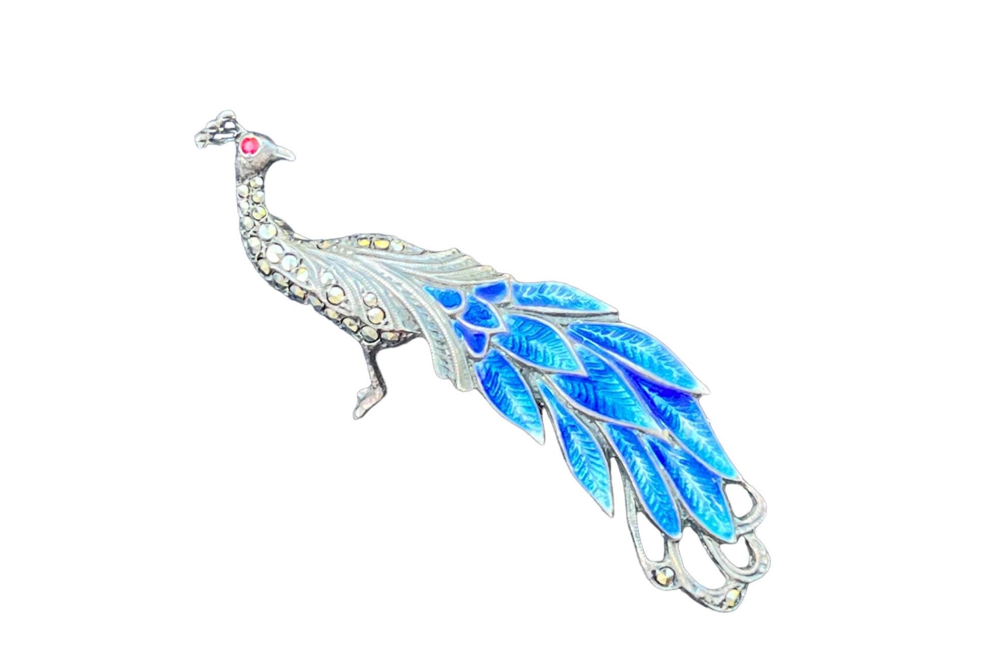 Broche Vintage Paon - Marcassite Et émail Sur Argent 935 - Occasion - Bijou Ancien Décoratif
