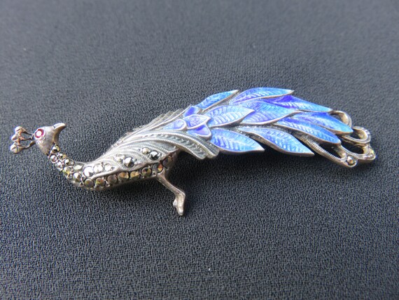 English Silver Enamel Marcasite Peacock Brooch - image 7