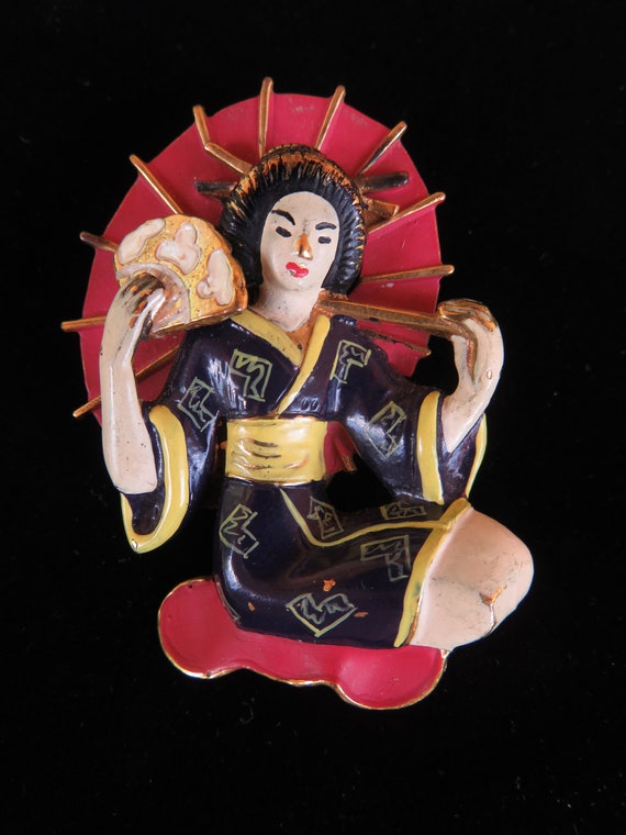 Geisha Girl Enamel Gold Plate Germany Rare Brooch