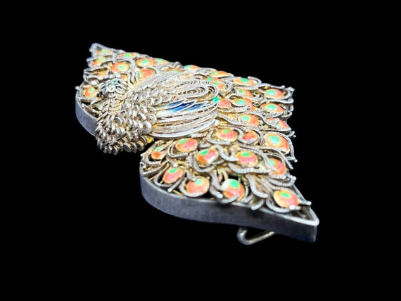 Sterling Silver Enamel Vintage Peacock Pendant - image 2