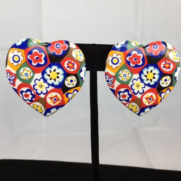 Large Porcelain Millifore Earrings  /Mosaic Style/ Heart Earrings. Colorful/Flowers