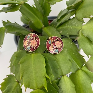 Pink Flower Cloisonné Round Earrings.