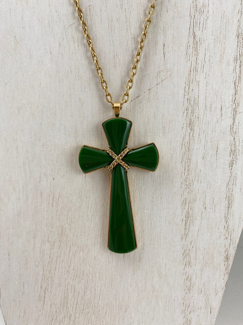 Vintage Lucite Green Cross Pendant Necklace1970s Avon Signed
