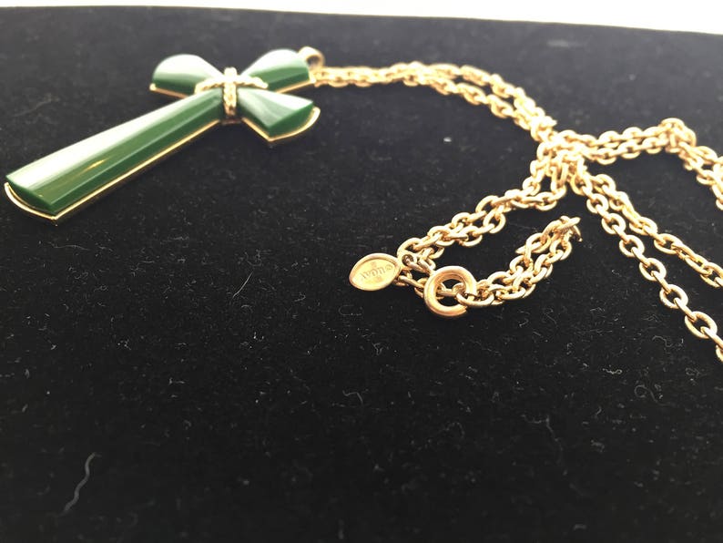 Vintage Lucite Green Cross Pendant Necklace1970s Avon Signed
