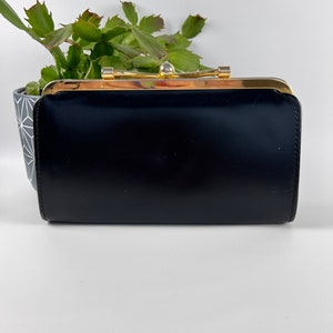 Vintage 1950s Black Patent Leather Handbag Gold Tone Chain Purse Lock Hinge Closure Retro Evening Bag Classic Structured Clutch Elegant