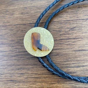 Vintage Cowboy Boot Bolo Tie with Brown Agate Stone, Gold Tone Round Setting,