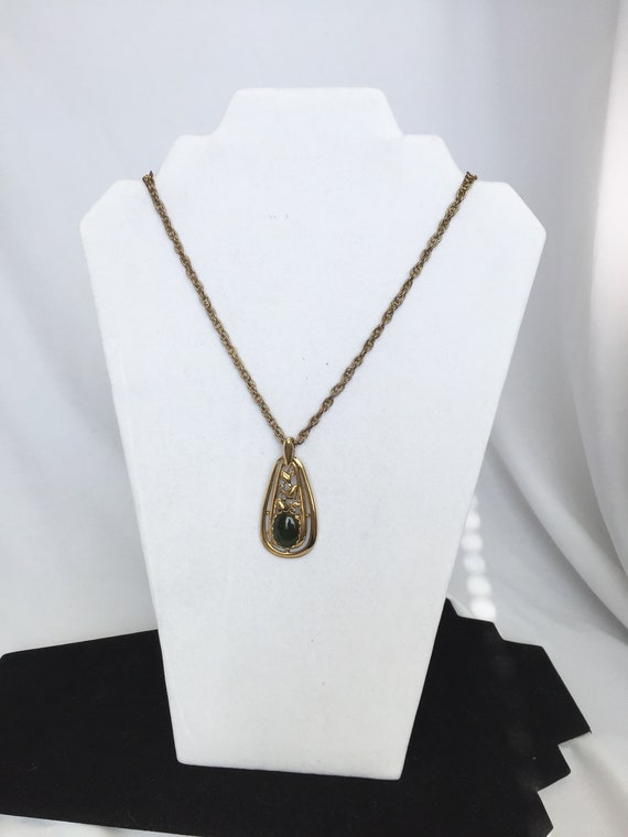 Gold Plated and Jade Pendant Necklace. Teardrop Sh
