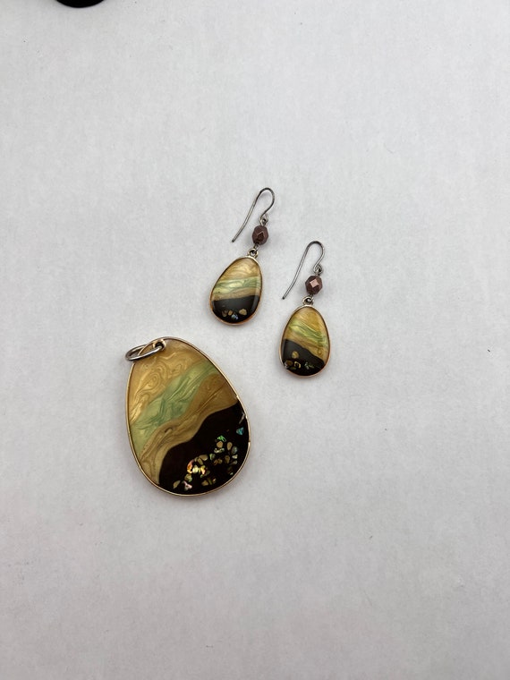 Enamel Inlay Earrings and Pendant Set - 1990s - image 4