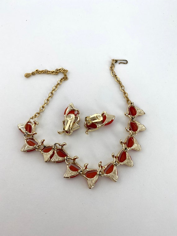 Red Moonglow Necklace and Earring Set. Red and Go… - image 5