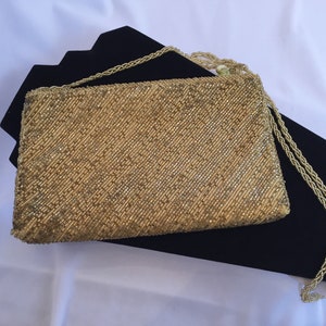 Vintage Walborg Gold Beaded Evening Bag Metallic Cylinder Beads Tassel Zipper Retro Shoulder Purse Classic 80s Formal Handbag Elegant Clutch
