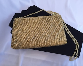 Vintage Walborg Gold Beaded Evening Bag, Metallic Cylinder Beads