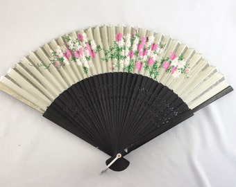 Vintage Hand-Painted Asian Fan, Black Sticks, Floral Rice Paper