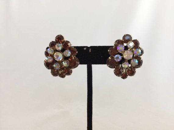 Vintage Topaz and Diamond Rhinestone Cluster Earr… - image 2