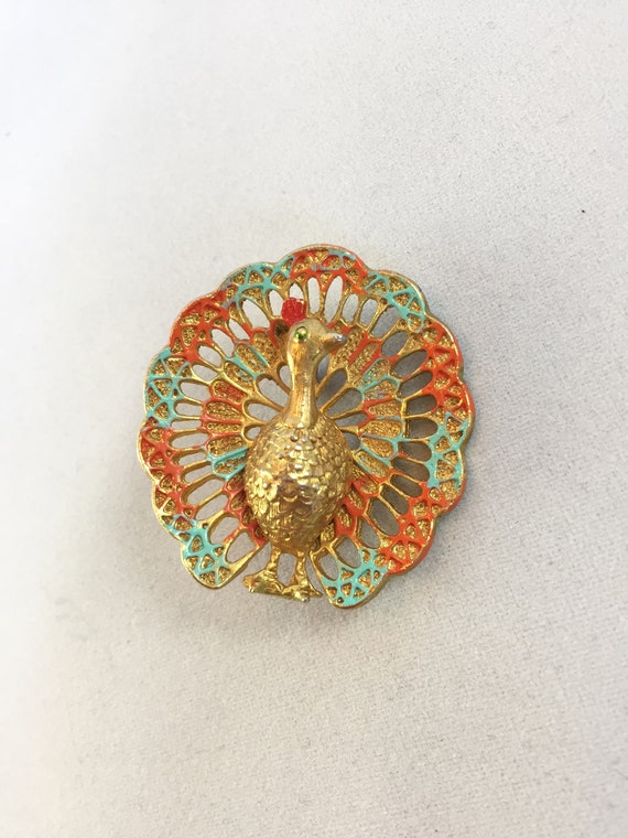 Vintage Gerrys Peacock Brooch. Turquoise and Red E