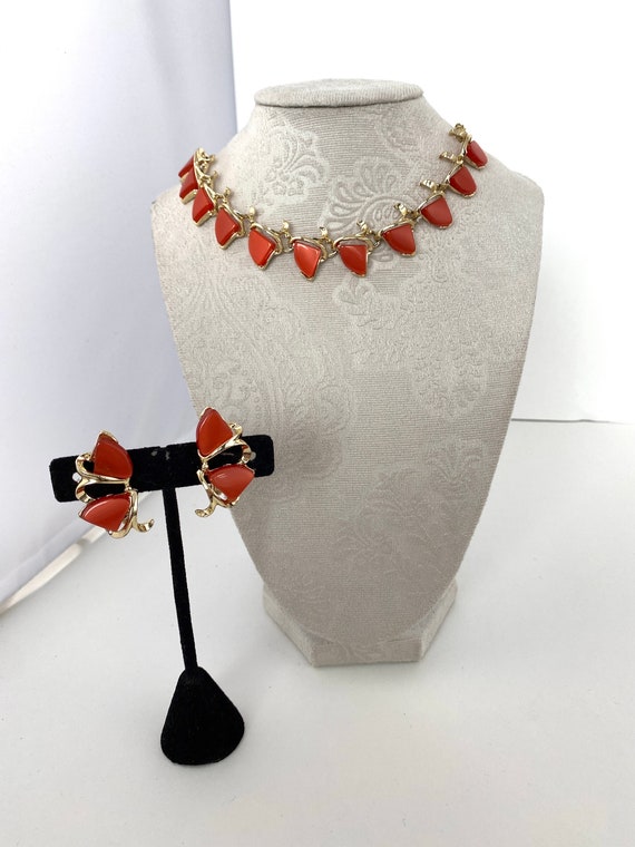 Red Moonglow Necklace and Earring Set. Red and Go… - image 1