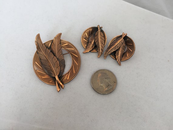 Copper Feather Brooch and Earring Set. Southweste… - image 4
